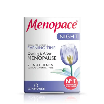 Menopace Night supplement box with 23 nutrients for menopause support, featuring chamomile and hops.