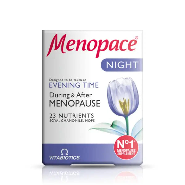 Menopace Night supplement box with 23 nutrients for menopause support, featuring chamomile and hops.