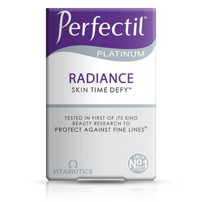 Front view of Perfectil Radiance skincare supplement box highlighting beauty nutrients