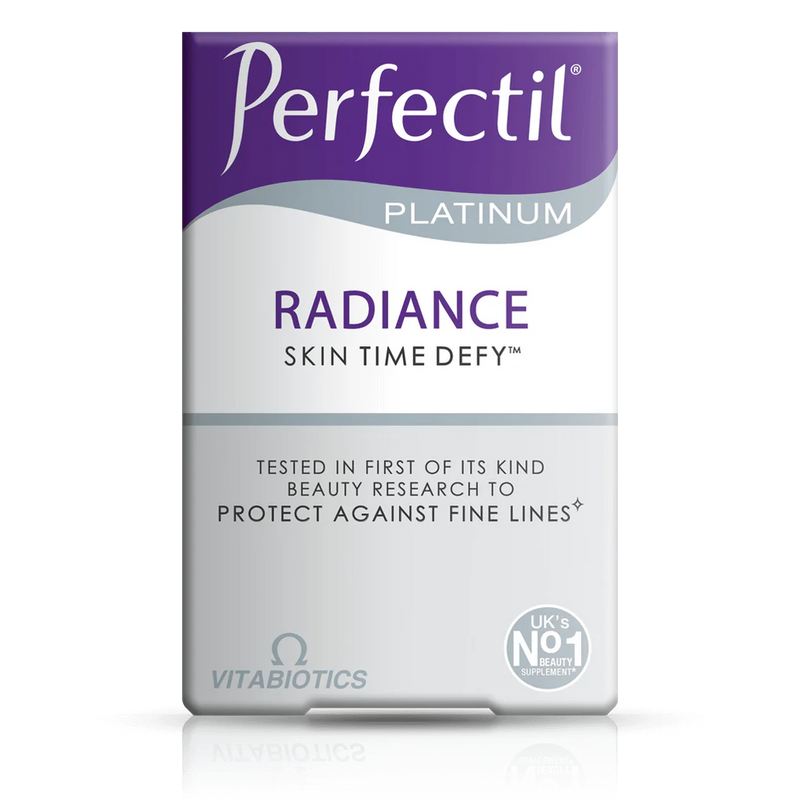Front view of Perfectil Radiance skincare supplement box highlighting beauty nutrients