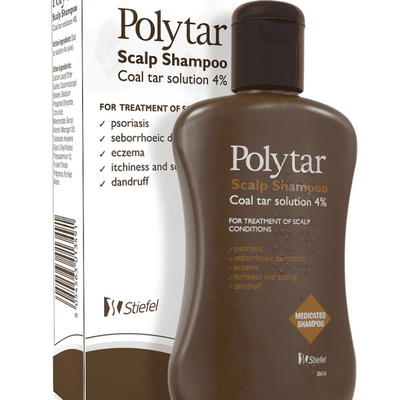 A bottle of Polytar Scalp Coal Tar Shampoo with its packaging box. The bottle is brown, and the packaging is mostly white and brown with product information and branding.