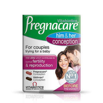 Front of Pregnacare Him & Her Conception pack showing 60 tablets for couples' fertility support.