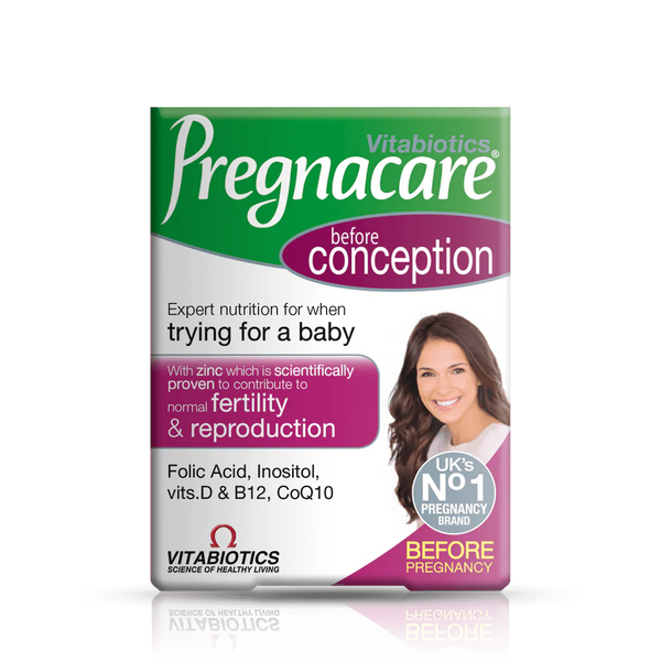 Front view of Pregnacare Conception pack showing 30 tablets, designed to support women's fertility health.