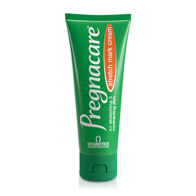 Front view of Pregnacare Stretch Mark Cream tube, green packaging with orange label
