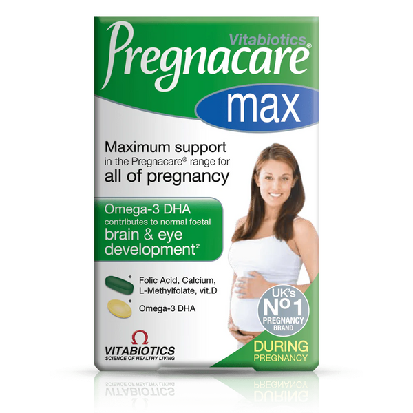 Pregnacare Max box showing Omega-3 DHA, folic acid, and full pregnancy support details.
