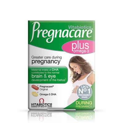 Front view of Pregnacare Plus box showing branding and nutritional highlights