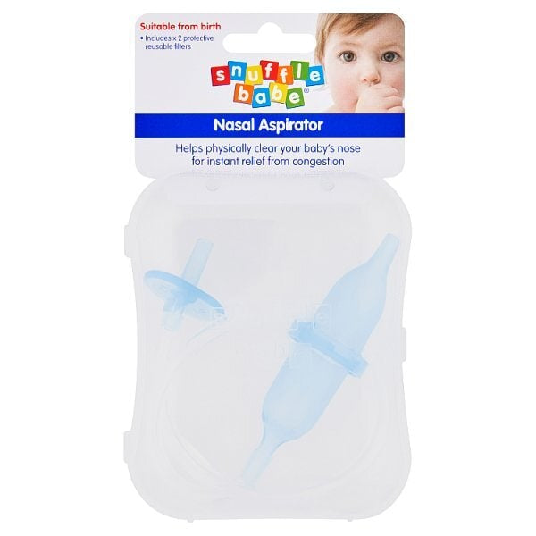Snufflebabe Nasal Aspirator in clear case with child image and product label.