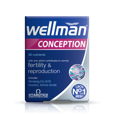 Wellman Conception 30 tablets for men, supporting fertility and reproduction with zinc, ginseng, and amino acids.