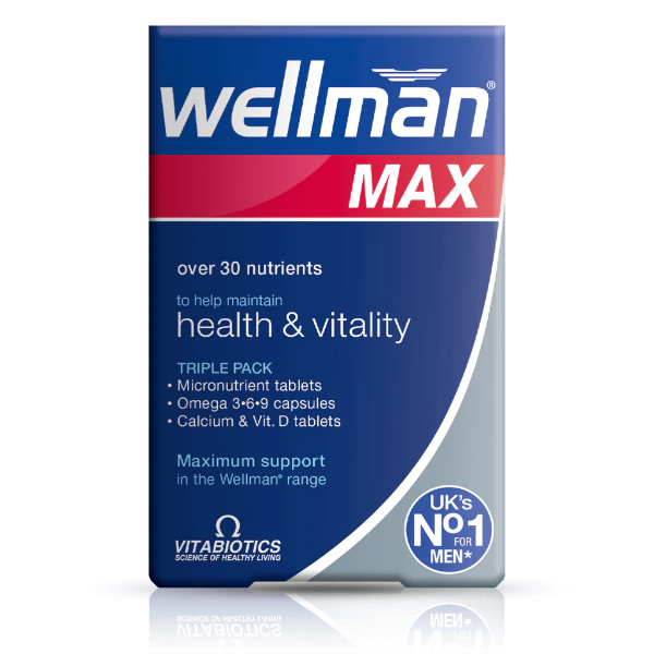 Vitabiotics Wellman Max 84 capsules front view with details on men's health and vitality support.