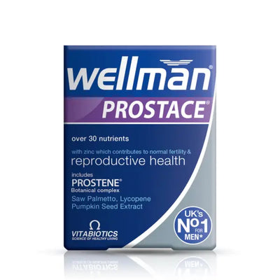 Wellman Prostace front view supplement box with 30+ nutrients, 60 tablets.