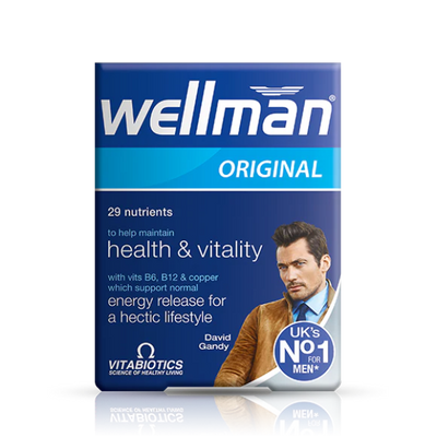 Wellman Vitabiotics Original supplement bottle front view for men's health and vitality.