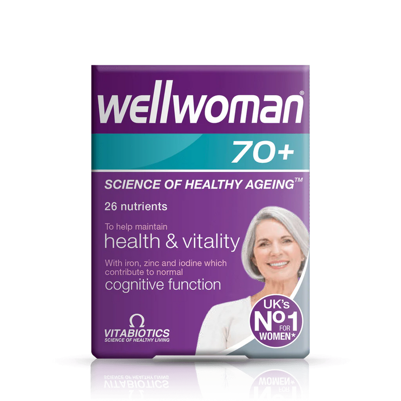 Wellwoman 70+ 30 tablets with 26 nutrients, supporting health, vitality, and cognitive function for women over 70.