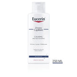 Close-up of Eucerin shampoo bottle, emphasizing soothing properties for dry, itchy scalp.