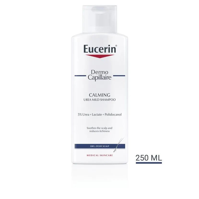 Close-up of Eucerin shampoo bottle, emphasizing soothing properties for dry, itchy scalp.