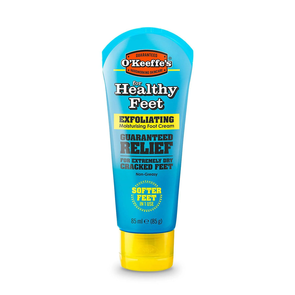 O'Keeffe's Healthy Feet Exfoliating Foot Cream packaging with guaranteed relief.