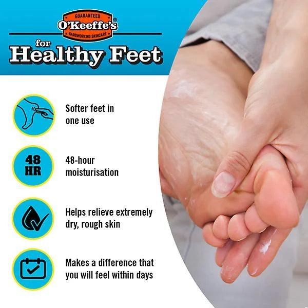 O'Keeffe's for Healthy Feet foot cream with moisturizing and 48-hour benefits.