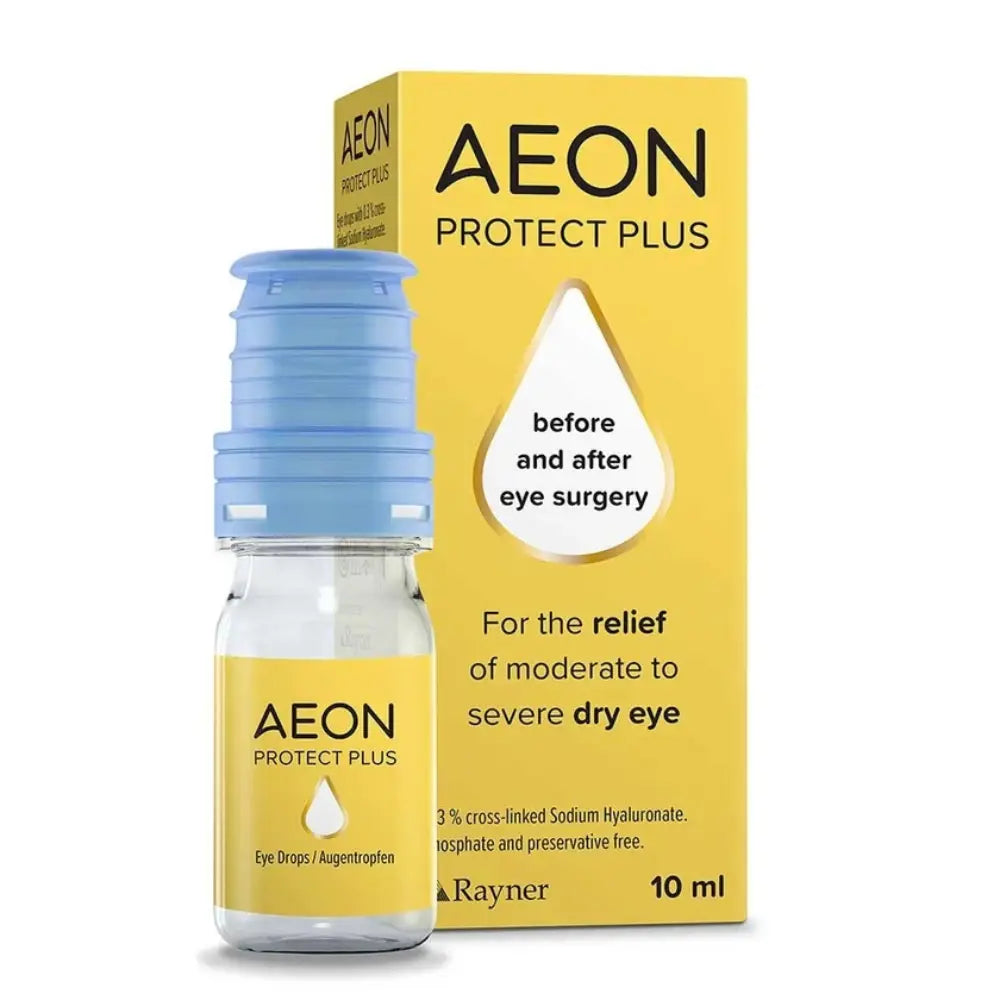 AEON Protect Plus eye drops in a clear glass bottle with a light blue cap, shown next to its yellow packaging box on a white background.