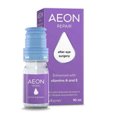 AEON REPAIR eye drops bottle with a light blue cap next to its purple packaging box, on a white background.