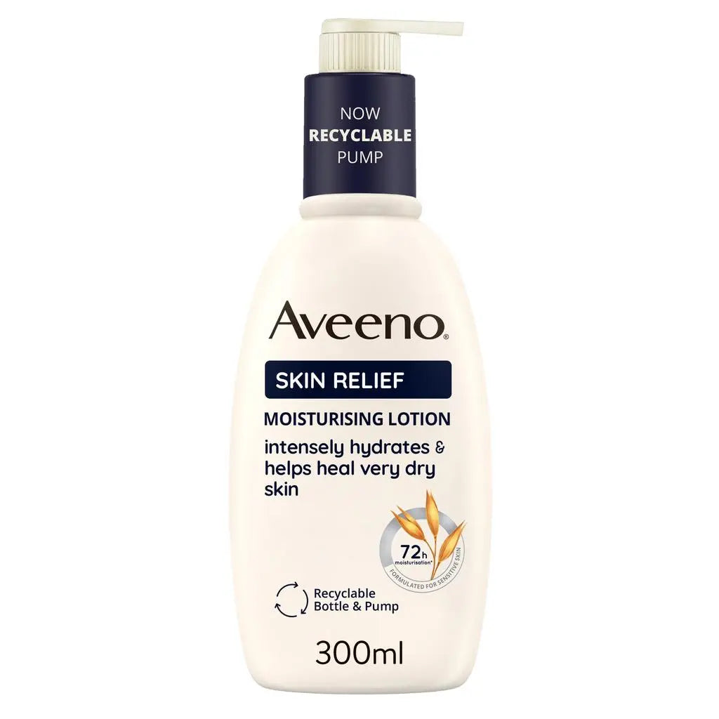 Aveeno Skin Relief Moisturising Lotion 300ml with recyclable pump, hydrates very dry skin.