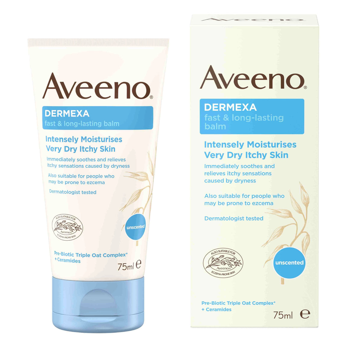 Aveeno Dermexa Fast & Long-Lasting Balm for very dry, itchy skin in 75ml packaging.