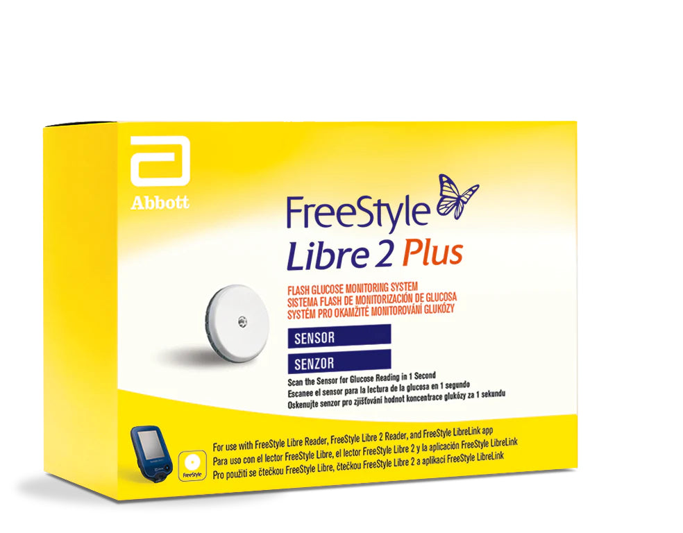 Abbott FreeStyle Libre 2 Plus sensor packaging on a white background