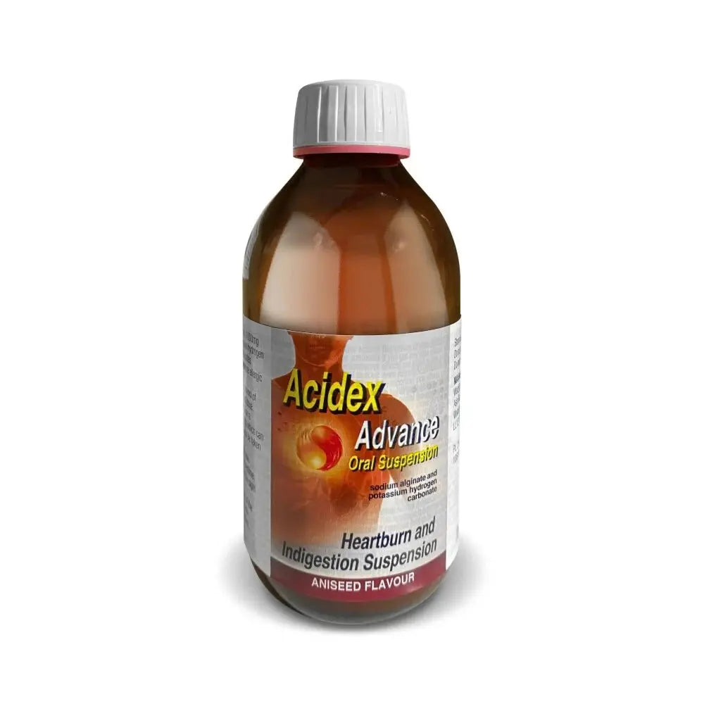 A bottle of Acidex Advance Oral Suspension aniseed flavour, containing amber-brown liquid, with a white cap and a white label featuring red and yellow text, set against a plain white background.