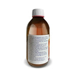 An amber plastic bottle of oral suspension with a white ribbed cap, showing the back label with text instructions on a white background.