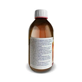 An amber plastic bottle of oral suspension with a white ribbed cap, showing the back label with text instructions on a white background.