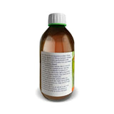 An amber glass bottle of oral suspension medicine with a white ribbed cap and a green band near the neck, shown against a plain white background. The back of the bottle features a white label with black text.