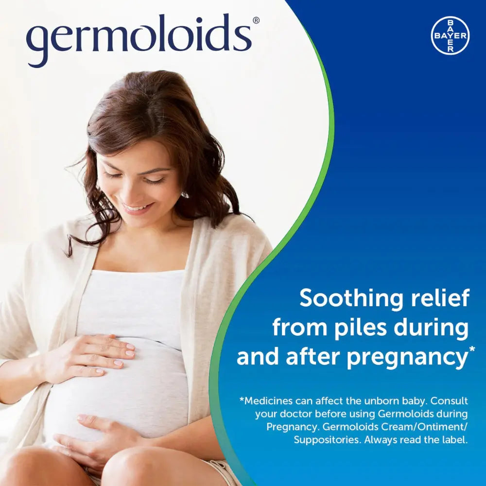 Advertisement for Germoloids showing a pregnant woman with text about relieving piles during and after pregnancy.