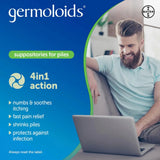 Advertisement for germoloids suppositories for piles with a man using a laptop.