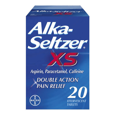 Alka-Seltzer XS pain relief package on a white background