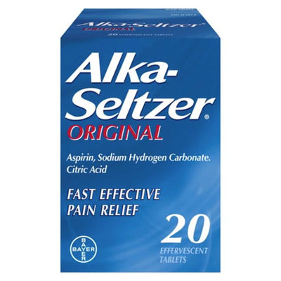 Alka-Seltzer Original 10 tablets pain relief package on a white background