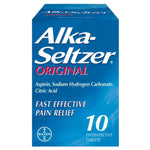 Alka-Seltzer Original 10 tablets pain relief package on a white background