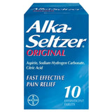 Alka-Seltzer Original 10 tablets pain relief package on a white background