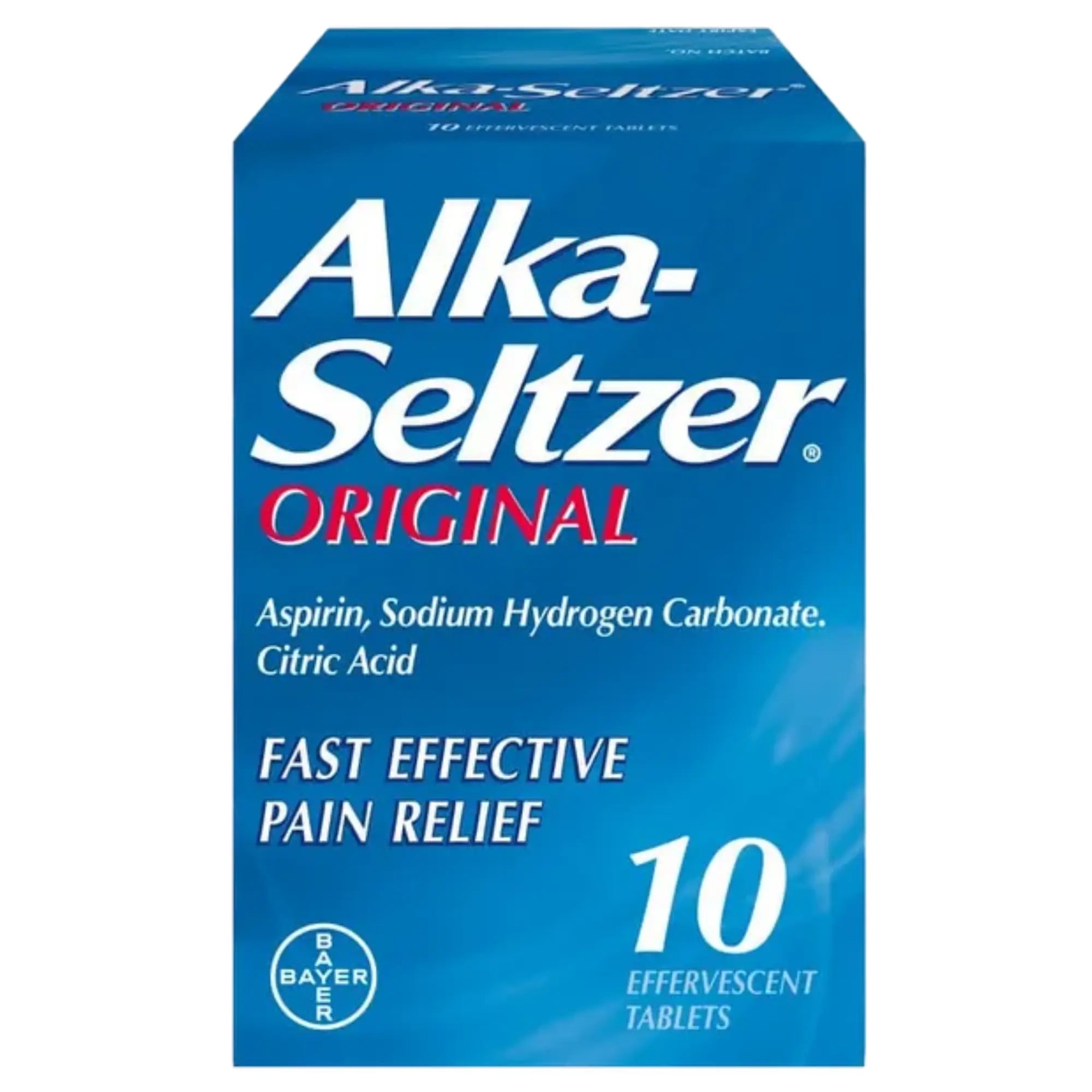 Alka-Seltzer Original 10 tablets pain relief package on a white background