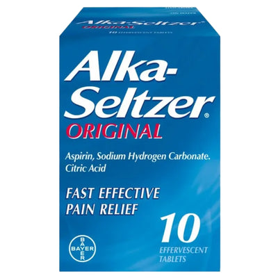 Alka-Seltzer Original 10 tablets pain relief package on a white background