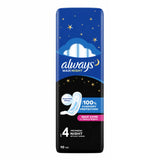A single package of Always Maxi Night adult bed pads, size 4, shown against a plain white background. The packaging features a dark blue top half with a starry night sky design and a black bottom half.
