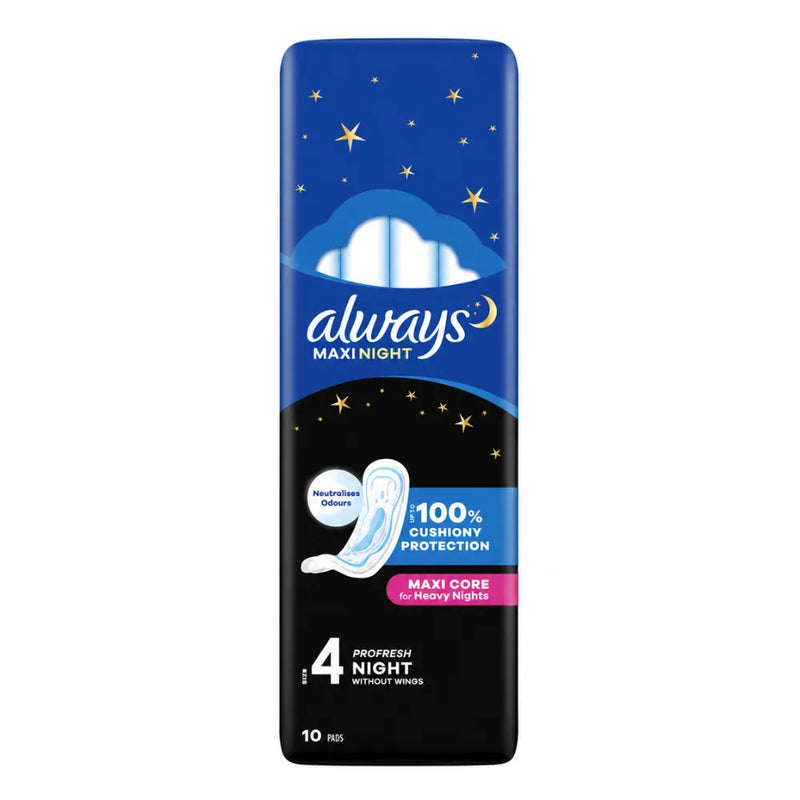 A single package of Always Maxi Night adult bed pads, size 4, shown against a plain white background. The packaging features a dark blue top half with a starry night sky design and a black bottom half.