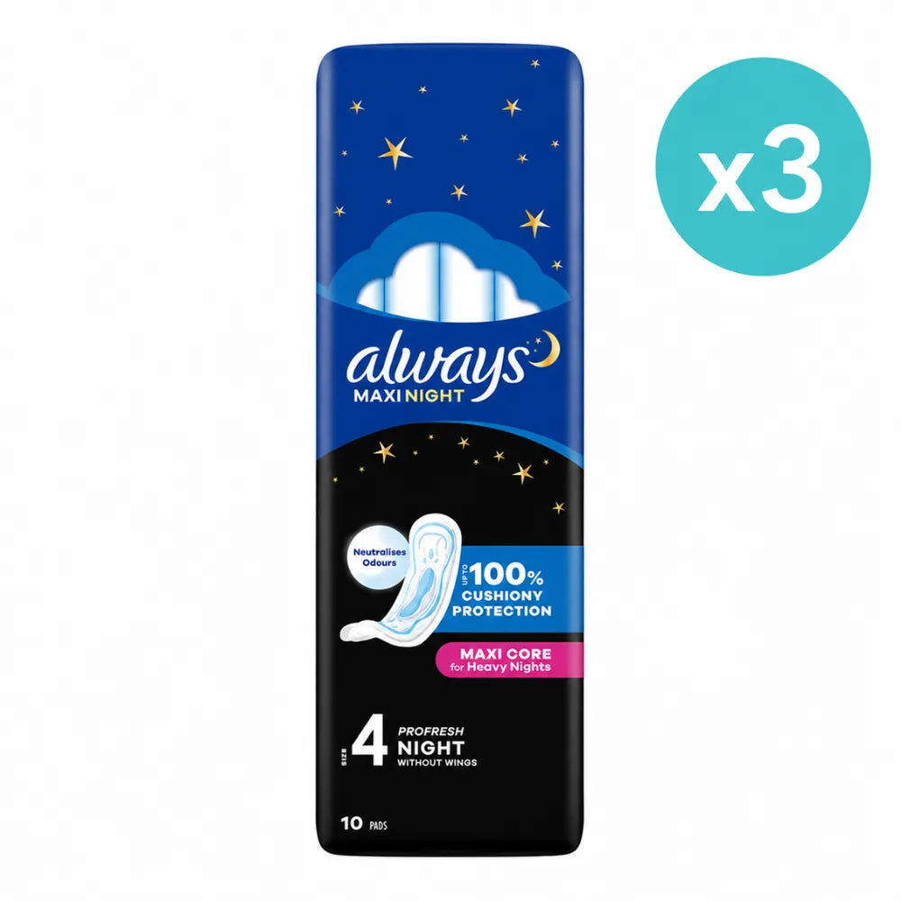 A pack of Always Maxi Night heavy night pads, size 4, shown in a tall rectangular package with a blue and black design featuring stars and a night cloud. A teal circular badge with 'x3' is in the top right corner on a white background.