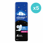 A pack of Always Maxi Night 4-level heavy night pads, 10 count, shown on a white background with a teal circular 'x5' overlay indicating a five-pack bundle.