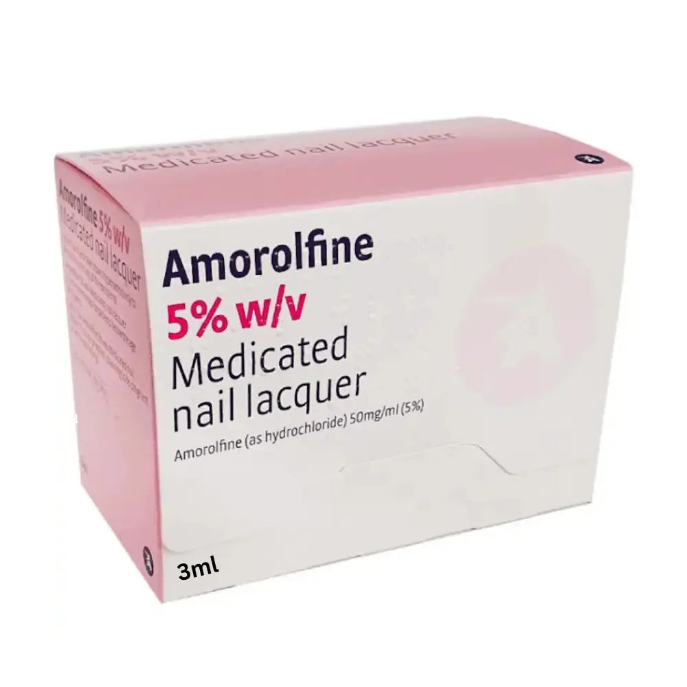 A 3ml box of Amorolfine 5% w/v Medicated Nail Lacquer 3ml, featuring a pink and white color scheme with black and pink text.