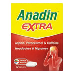 Anadin Extra 12 Caplets box: pain relief for headaches & migraines with aspirin, paracetamol & caffeine.