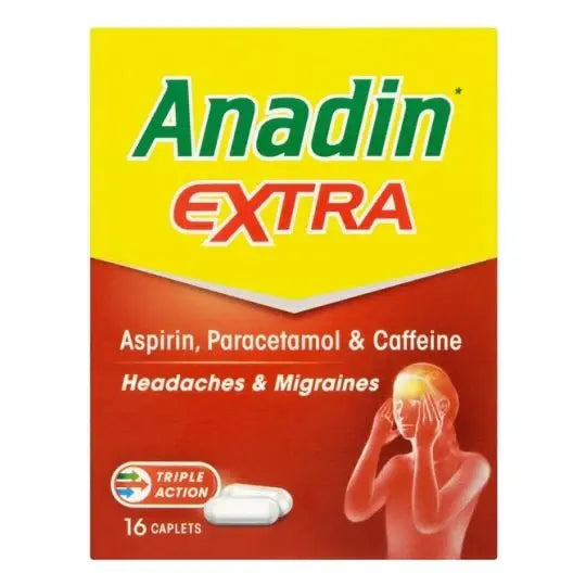 Anadin Extra 16 Caplets box: pain relief for headaches & migraines.
