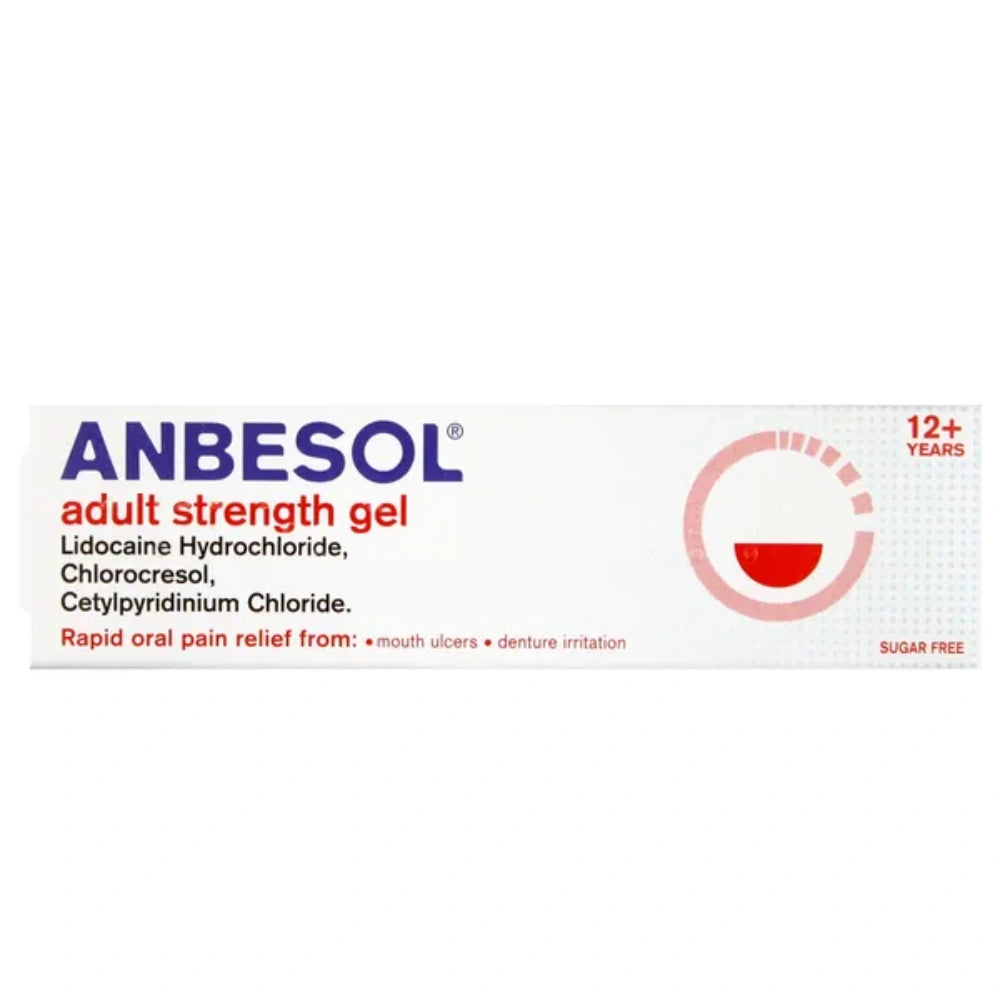 Anbesol adult strength gel 10g tube packaging on a white background, featuring blue and red text with a red gel droplet graphic.