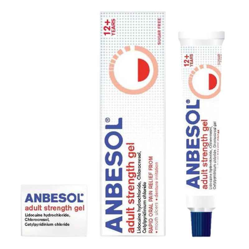 Anbesol Adult Strength Gel shown with its retail box, a single tube, and a small applicator tip on a plain white background.