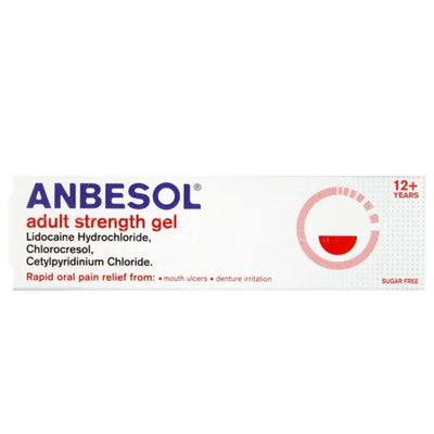 Anbesol adult strength gel 10g tube packaging on a white background, featuring blue and red text with a red gel droplet graphic.