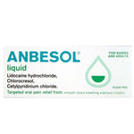 Anbesol liquid bottle and box: oral pain relief for babies and adults.