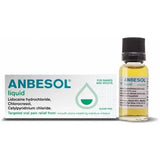 Anbesol liquid box: targeted oral pain relief for mouth ulcers, teething, dentures.