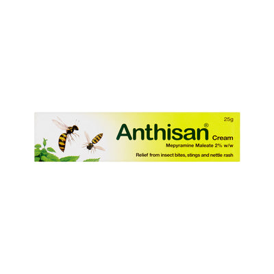 Anthisan cream packaging with images of insects on a white background